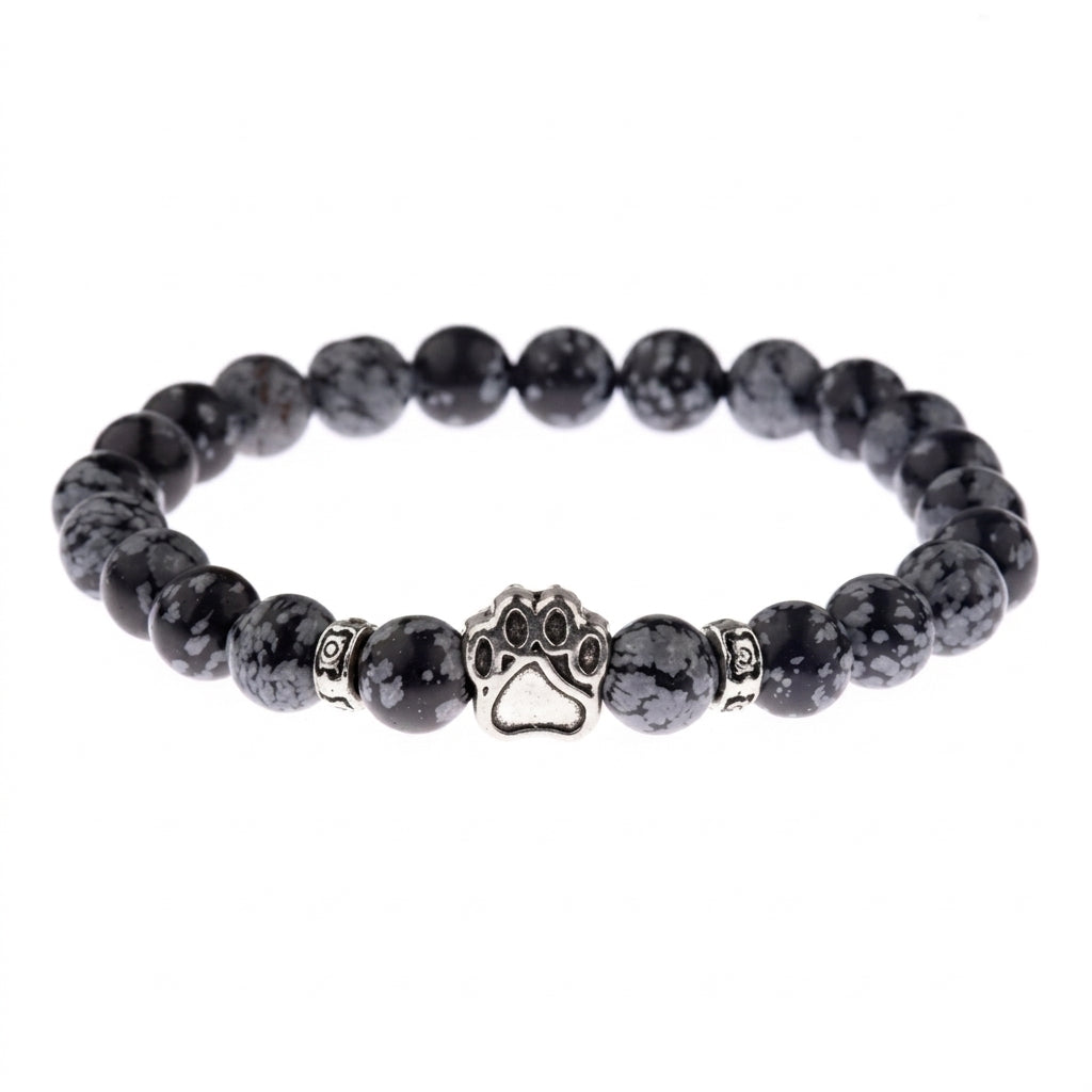 Snowflake Obsidian shelter bracelet with paw charm