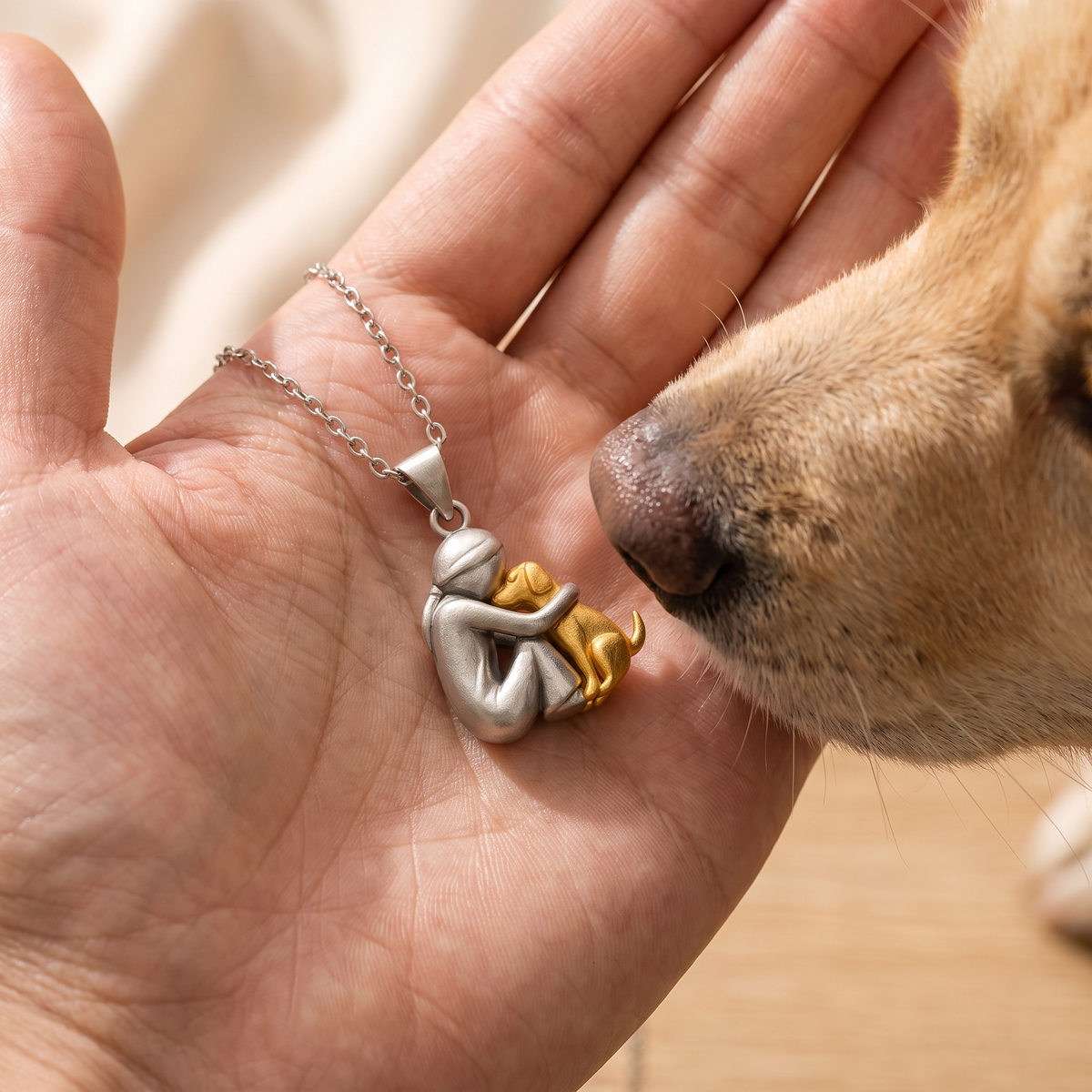 Eternal Hug necklace – person hugging their pet, view 7