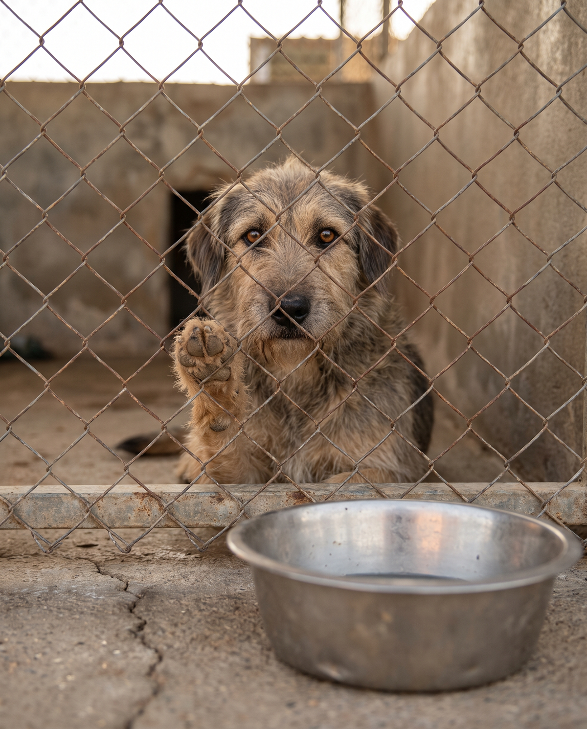 A shelter dog looks through the kennel fence, an empty bowl in front of him