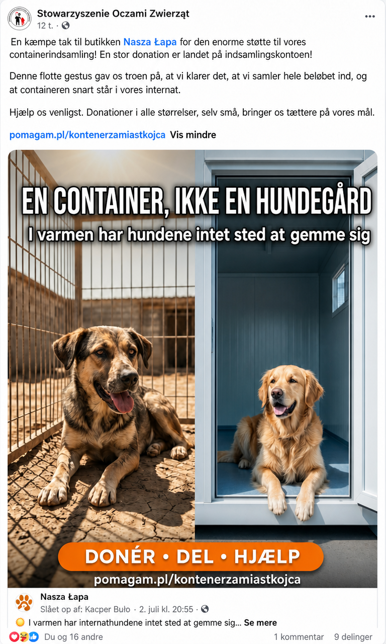 Facebook-opslag fra foreningen Oczami Zwierząt, der takker Nasza Łapa for støtten til deres containerindsamling