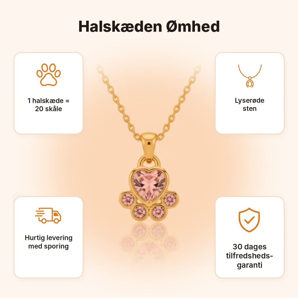 Halskæden Ømhed – fordele: 1 halskæde = 20 skåle, hurtig levering med sporing, 30 dages tilfredshedsgaranti