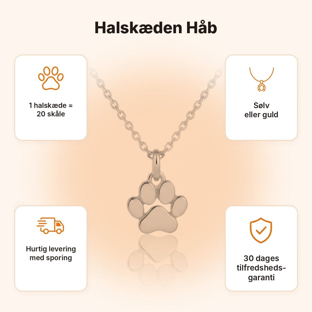 Halskæden Håb – fordele: 1 halskæde = 20 skåle, hurtig levering med sporing, 30 dages tilfredshedsgaranti