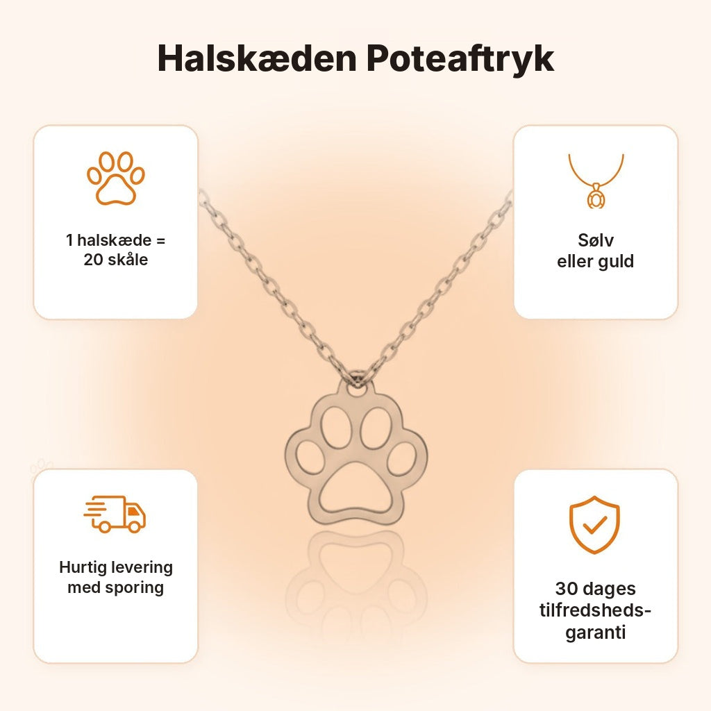 Halskæden Poteaftryk – fordele: 1 halskæde = 20 skåle, hurtig levering med sporing, 30 dages tilfredshedsgaranti