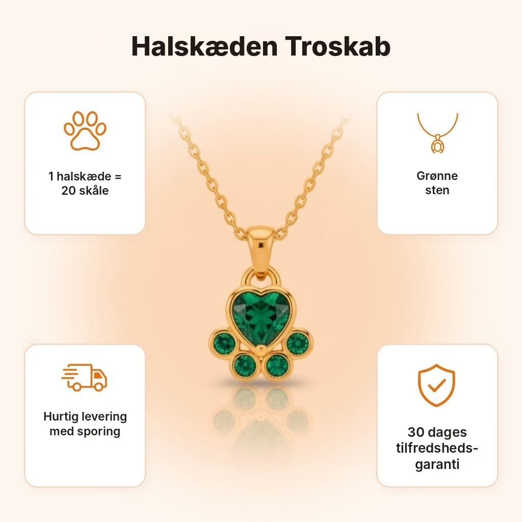 Halskæden Troskab – fordele: 1 halskæde = 20 skåle, hurtig levering med sporing, 30 dages tilfredshedsgaranti