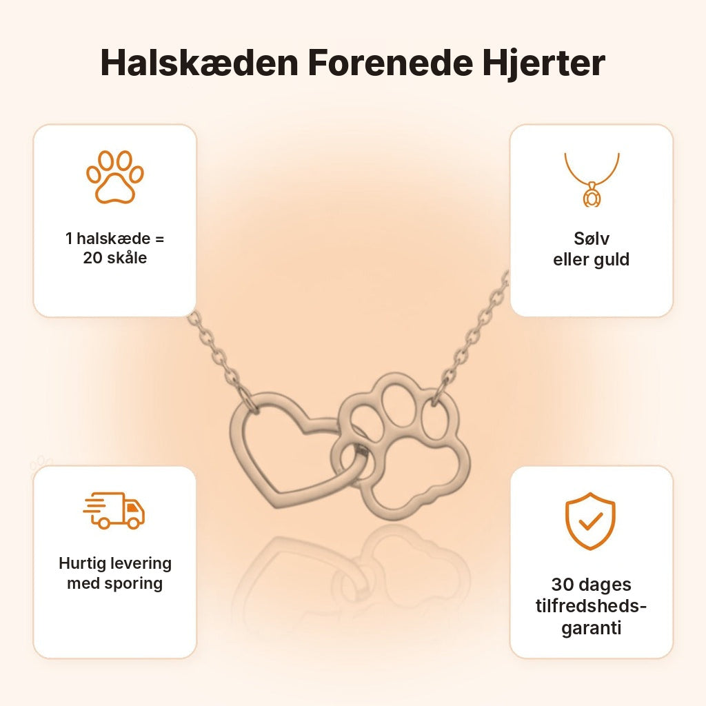 Halskæden Forenede Hjerter – fordele: 1 halskæde = 20 skåle, hurtig levering med sporing, 30 dages tilfredshedsgaranti