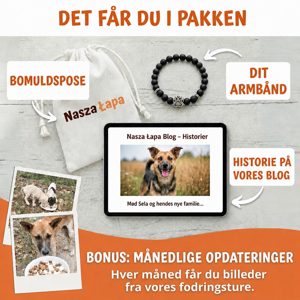 Det får du i pakken – sort armbånd, bomuldspose og historie på vores blog