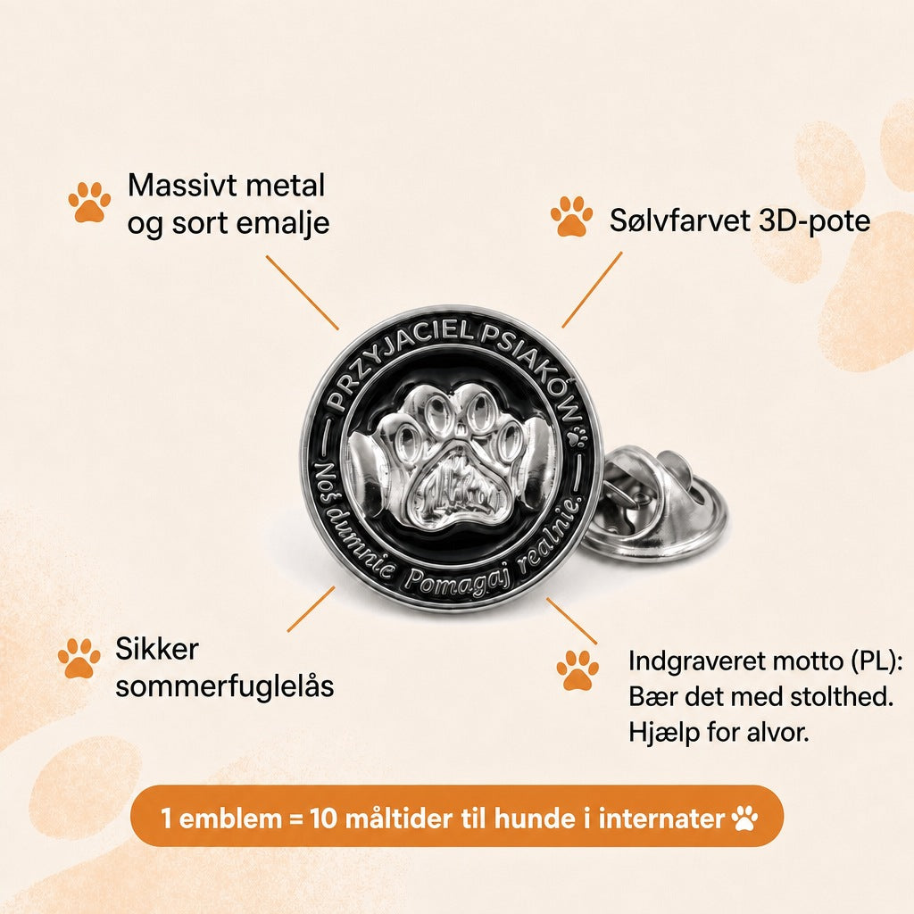 Emblemet Ven af internathunde – massivt metal, sølvfarvet 3D-pote, sikker lås