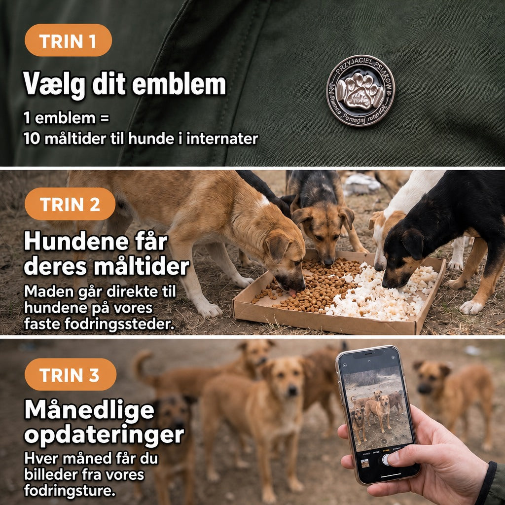 Emblemet Ven af internathunde – 1 emblem = 10 måltider til hunde i internater