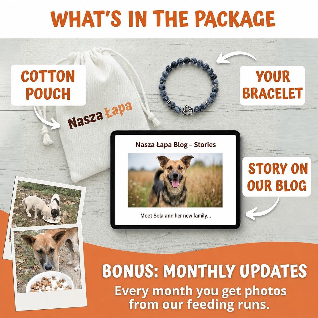 Nasza Łapa shelter bracelet – what's in the package: cotton pouch, bracelet and a story on our blog