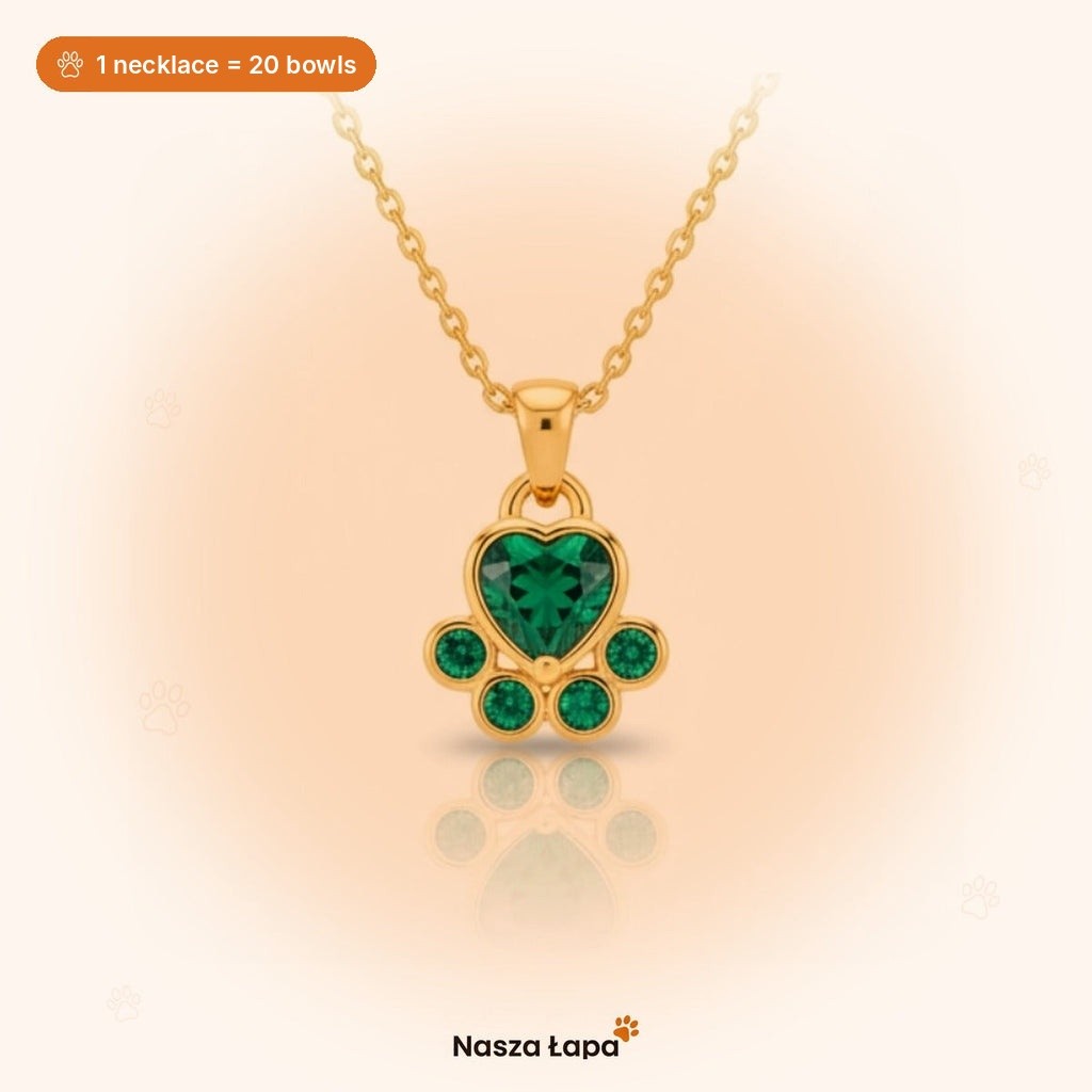 Loyalty paw necklace – gold with a green heart – 1 necklace = 20 bowls for shelter dogs