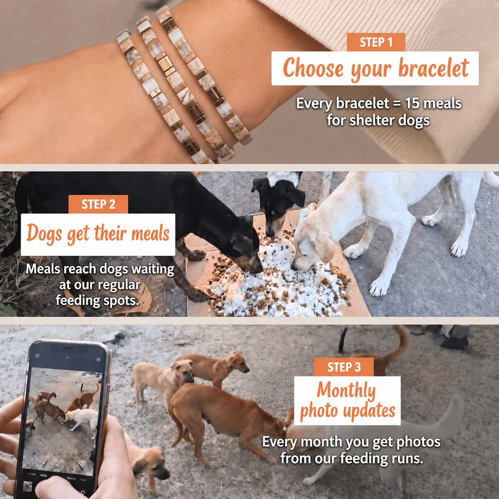 Misty Marble Miyuki bracelet – how it works: 1 bracelet = 15 meals for shelter dogs