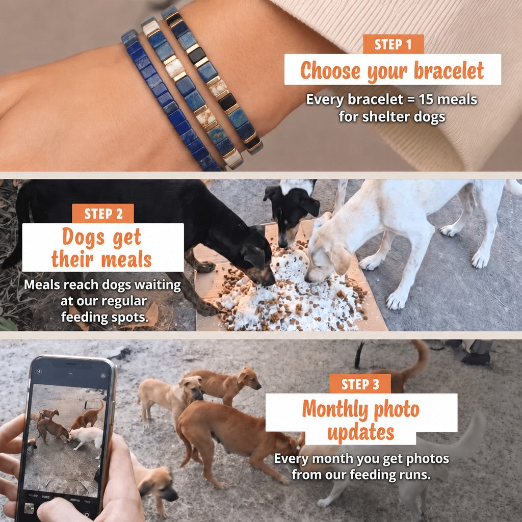 Midnight Navy Miyuki bracelet – how it works: 1 bracelet = 15 meals for shelter dogs