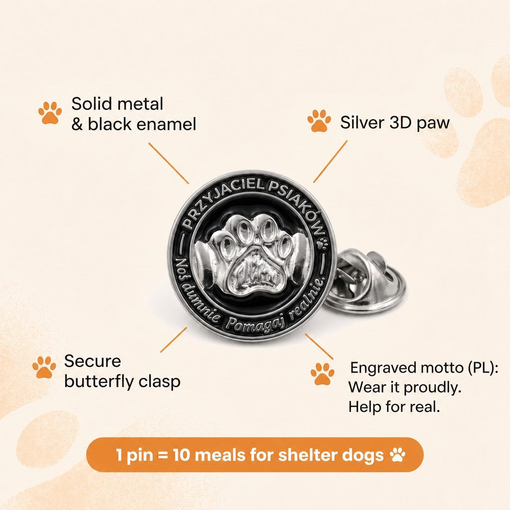 Friend of Shelter Dogs pin – solid metal, black enamel, silver 3D paw, butterfly clasp