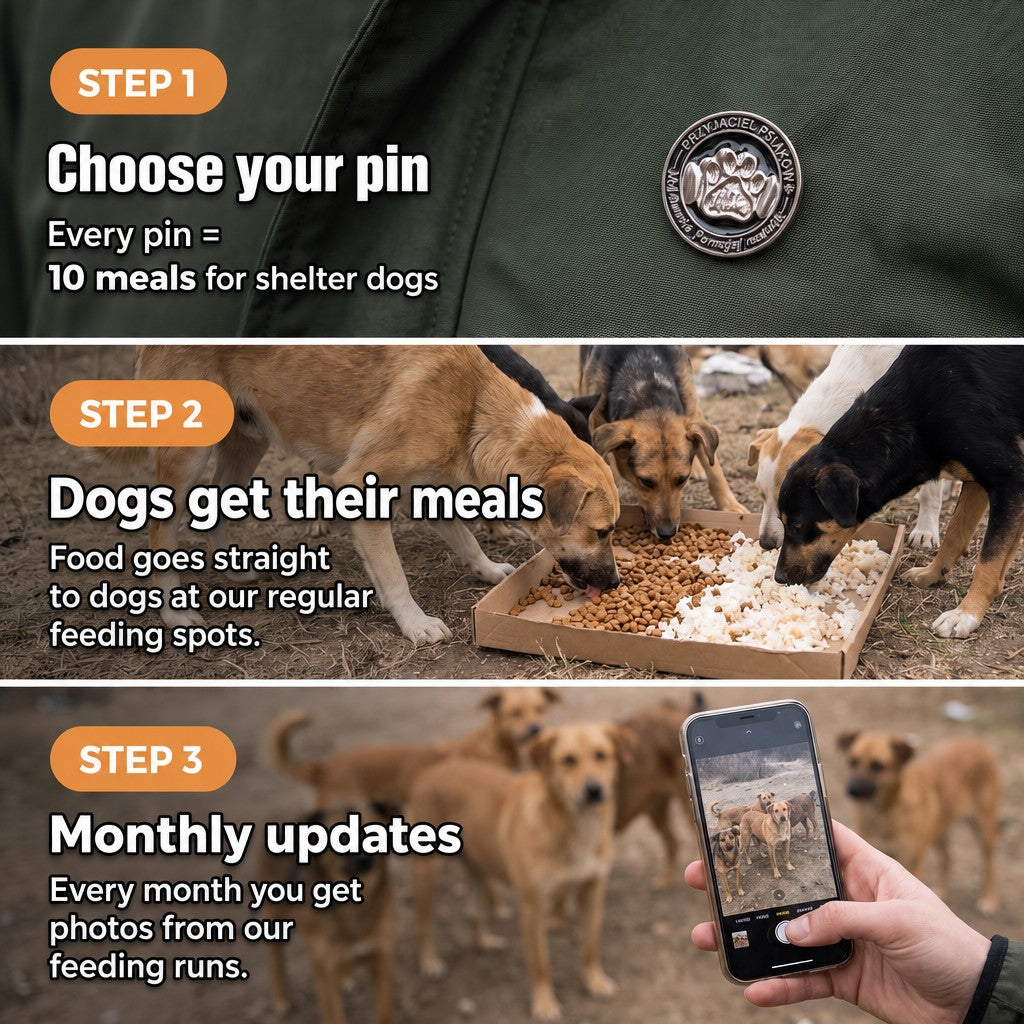 Friend of Shelter Dogs pin – how it works: 1 pin = 10 meals for shelter dogs
