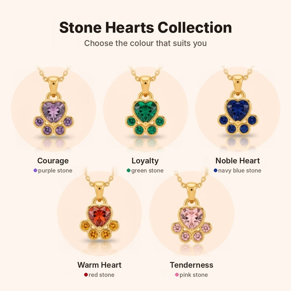 Stone Hearts collection – Courage, Loyalty, Noble Heart, Warm Heart and Tenderness paw necklaces