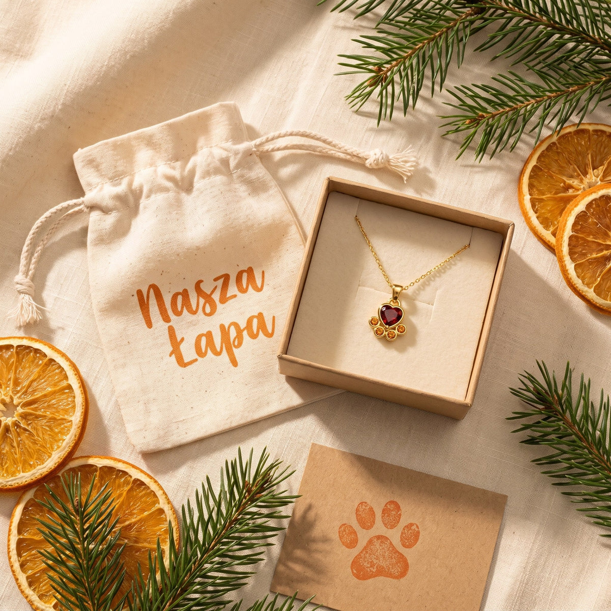 Warm Heart paw necklace – gift-ready in a cotton pouch