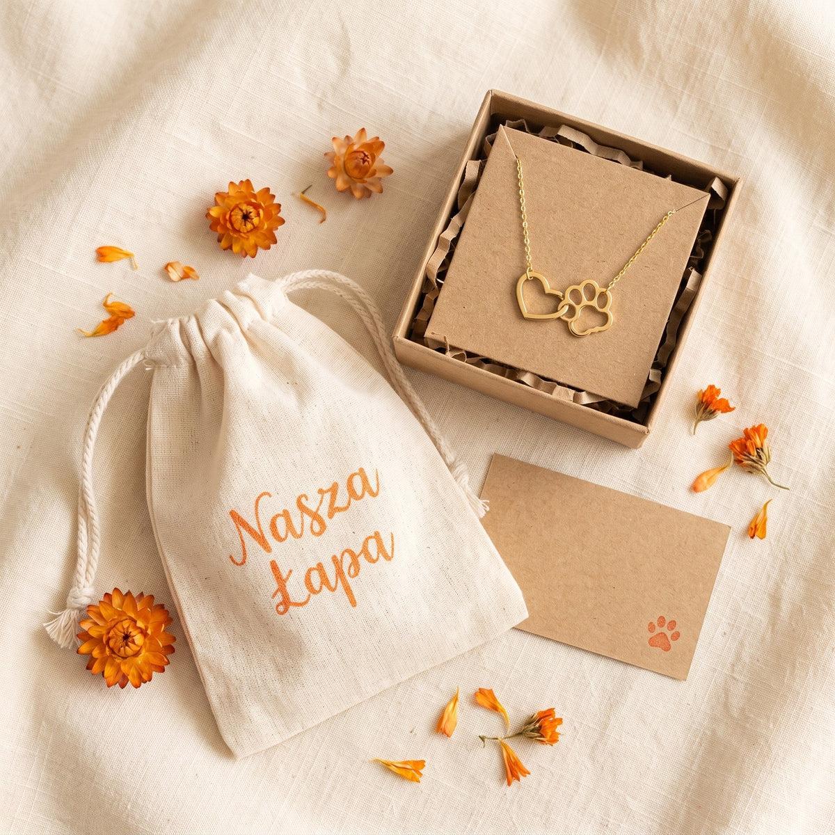 Linked Hearts paw necklace – gift-ready in a cotton pouch